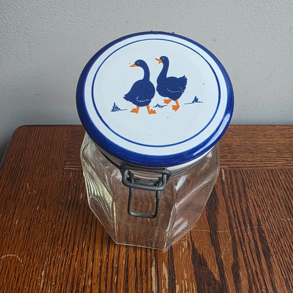 Vintage Italy Glass Goose Canister Jar Blue Geese Cottagecore Wire Bail Lid 7in